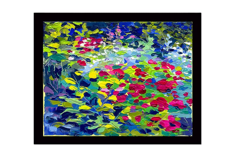 Inramad Canvastavla i trä - 41x56 cm - Färgrik blomsteräng med rosor och gröna blad, Grön / Röd / Blå