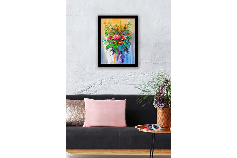 Inramad Canvastavla i trä - 41x56 cm - Färgrik bukett av blommor - Grön / Röd / Blå - Inredning - Tavlor & posters - Canvastavla