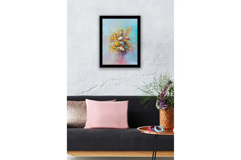 Inramad Canvastavla i trä - 41x56 cm - Färgrik bukett av blommor - Gult / Orange / Lila - Inredning - Tavlor & posters - Canvastavla
