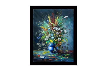 Inramad Canvastavla i trä - 41x56 cm - Färgrik bukett av blommor i en blå vas - Blå / Grön / Vit - Inredning - Tavlor & posters - Canvastavla