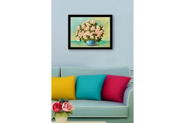 Inramad Canvastavla i trä - 41x56 cm - Färgrik bukett av blommor i en blå vas - Ljusrosa / Grön / Blå - Inredning - Tavlor & posters - Canvastavla