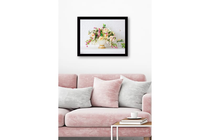 Inramad Canvastavla i trä - 41x56 cm - Färgrik bukett av blommor i en elegant vas - Ljusrosa / Grön / Vit - Inredning - Tavlor & posters - Canvastavla