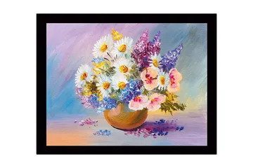 Inramad Canvastavla i trä - 41x56 cm - Färgrik bukett av blommor i en keramikskål - Vit / Lila / Blå - Inredning - Tavlor & posters - Canvastavla