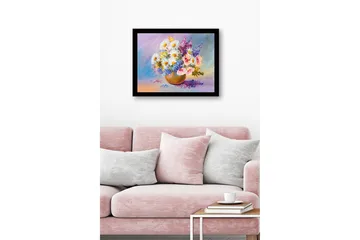 Inramad Canvastavla i trä - 41x56 cm - Färgrik bukett av blommor i en keramikskål - Vit / Lila / Blå - Inredning - Tavlor & posters - Canvastavla