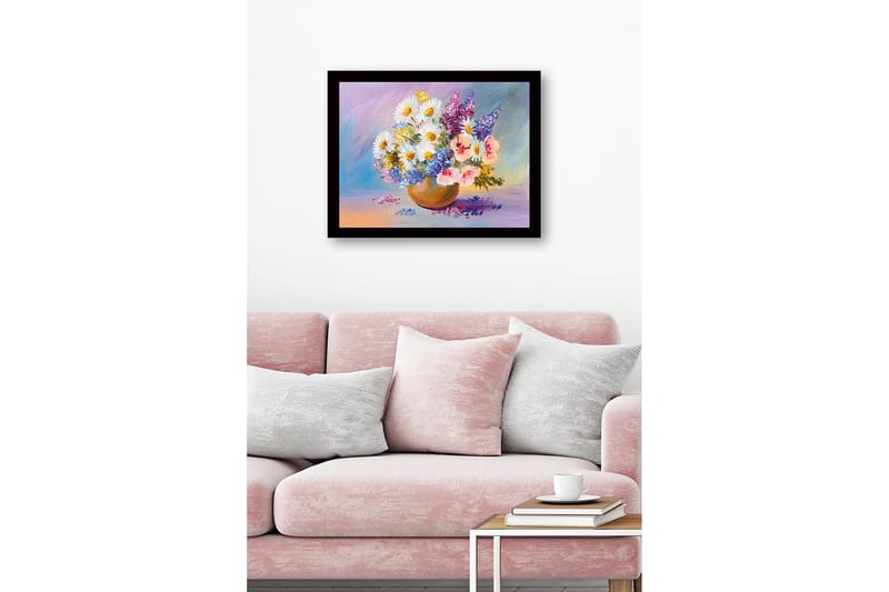 Inramad Canvastavla i trä - 41x56 cm - Färgrik bukett av blommor i en keramikskål - Vit / Lila / Blå - Inredning - Tavlor & posters - Canvastavla