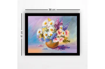 Inramad Canvastavla i trä - 41x56 cm - Färgrik bukett av blommor i en keramikskål - Vit / Lila / Blå - Inredning - Tavlor & posters - Canvastavla