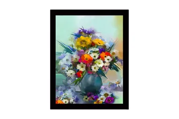 Inramad Canvastavla i trä - 41x56 cm - Färgrik bukett av blommor i en vas - Gul / Grön / Lila - Inredning - Tavlor & posters - Canvastavla