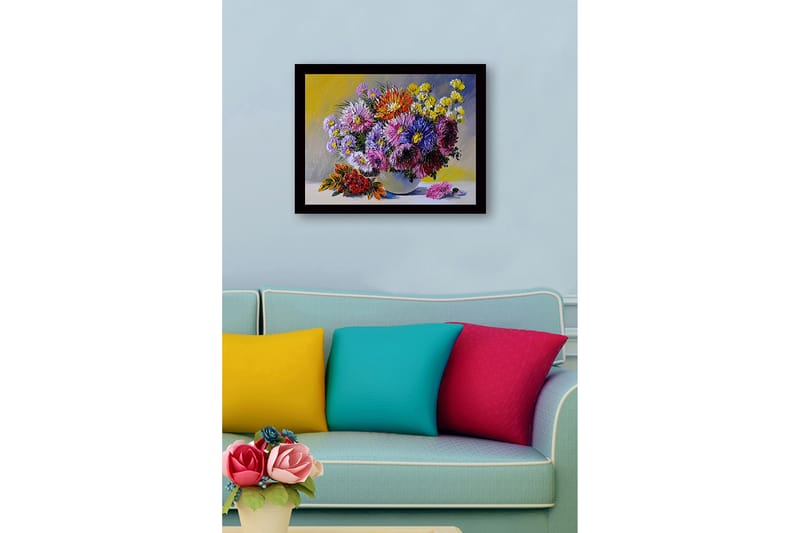 Inramad Canvastavla i trä - 41x56 cm - Färgrik bukett av blommor i en vas - Lila / Gul / Röd - Inredning - Tavlor & posters - Canvastavla