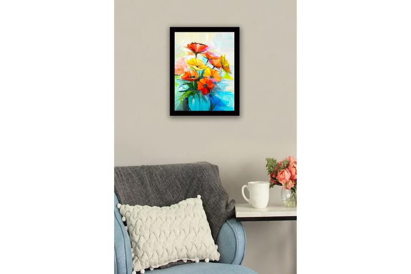 Inramad Canvastavla i trä - 41x56 cm - Färgrik bukett av blommor i en vas - Röd / Gul / Grön - Inredning - Tavlor & posters - Canvastavla