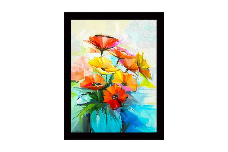 Inramad Canvastavla i trä - 41x56 cm - Färgrik bukett av blommor i en vas, Röd / Gul / Grön