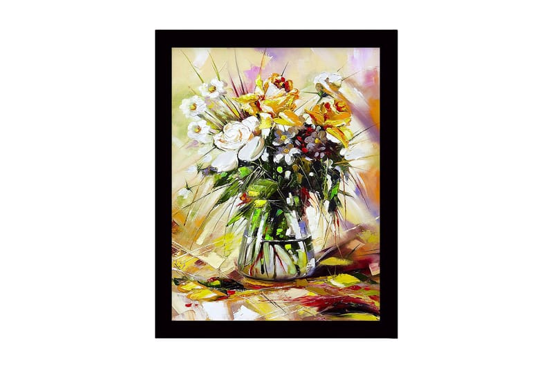 Inramad Canvastavla i trä - 41x56 cm - Färgrik bukett av blommor i en vas, Vit / Gul / Grön