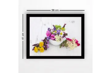 Inramad Canvastavla i trä - 41x56 cm - Färgrik bukett av blommor i en vit skål - Lila / Rosa / Gul - Inredning - Tavlor & posters - Canvastavla