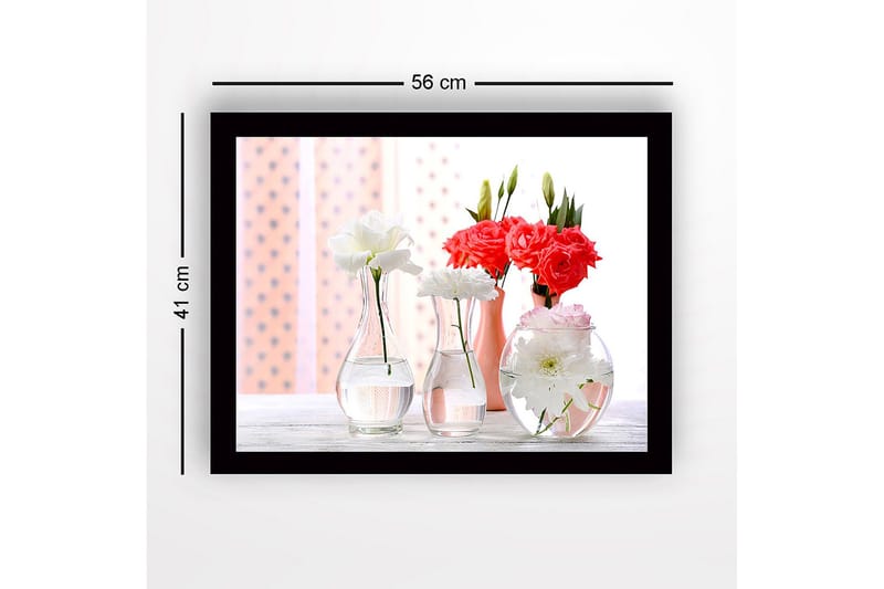 Inramad Canvastavla i trä - 41x56 cm - Färgrik bukett av blommor i glasvaser - Vit / Rosa / Röd - Inredning - Tavlor & posters - Canvastavla