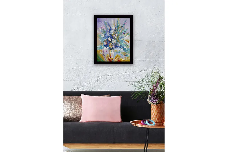 Inramad Canvastavla i trä - 41x56 cm - Färgrik bukett av blommor i livfulla nyanser - Blå / Vit / Grön - Inredning - Tavlor & posters - Canvastavla