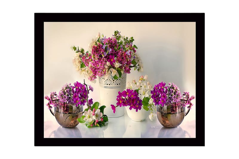 Inramad Canvastavla i trä - 41x56 cm - Färgrik bukett av blommor i olika nyanser av lila och vitt, Lila / Vit