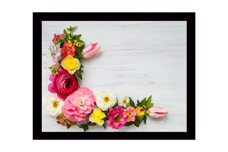 Inramad Canvastavla i trä - 41x56 cm - Färgrik bukett av blommor i olika nyanser, Rosa / Gult / Vitt