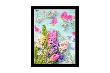 Inramad Canvastavla i trä - 41x56 cm - Färgrik bukett av blommor med tulpaner och hyacinter - Rosa / Lila / Vit - Inredning - Tavlor & posters - Canvastavla