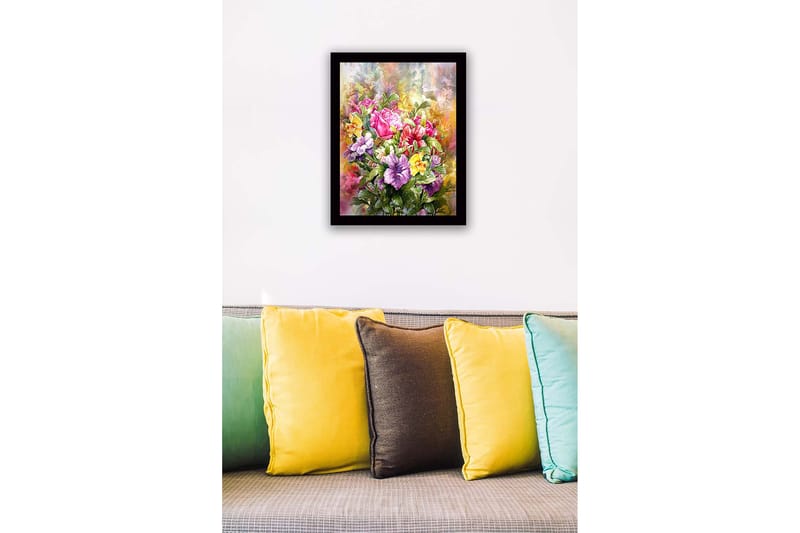 Inramad Canvastavla i trä - 41x56 cm - Färgrik bukett av blommor - Rosa / Lila / Gul - Inredning - Tavlor & posters - Canvastavla
