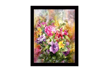 Inramad Canvastavla i trä - 41x56 cm - Färgrik bukett av blommor - Rosa / Lila / Gul - Inredning - Tavlor & posters - Canvastavla