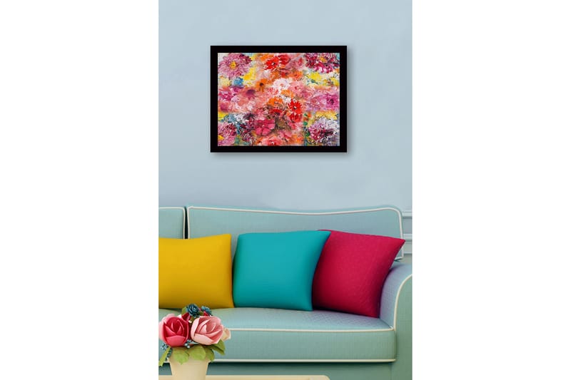 Inramad Canvastavla i trä - 41x56 cm - Färgrik bukett av blommor - Rosa / Röd / Gul - Inredning - Tavlor & posters - Canvastavla