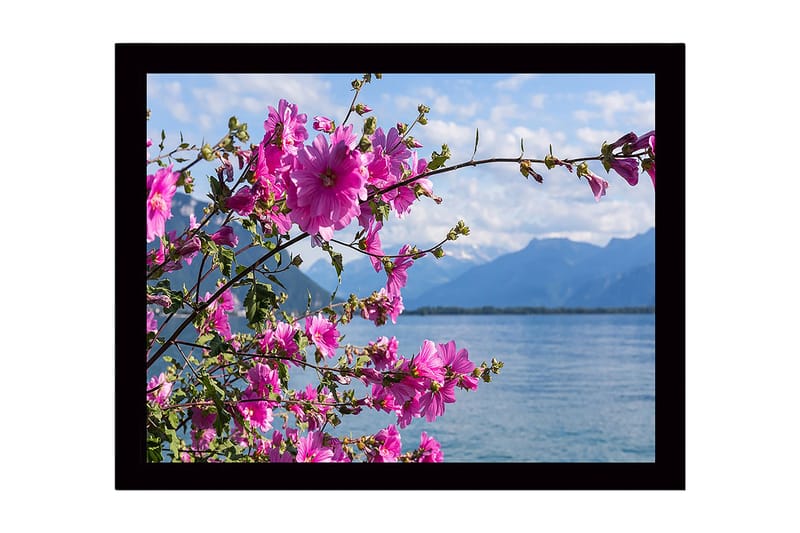 Inramad Canvastavla i trä - 41x56 cm - Färgrik bukett av blommor vid en sjö med berg i bakgrunden - Rosa / Grön - Inredning - Tavlor & posters - Canvastavla