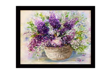 Inramad Canvastavla i trä - 41x56 cm - Färgrik bukett av liljor i en korg - Lila / Grön / Vit - Inredning - Tavlor & posters - Canvastavla