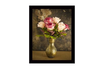 Inramad Canvastavla i trä - 41x56 cm - Färgrik bukett av rosor i en vacker vas - Rosa / Grön / Guld - Inredning - Tavlor & posters - Canvastavla