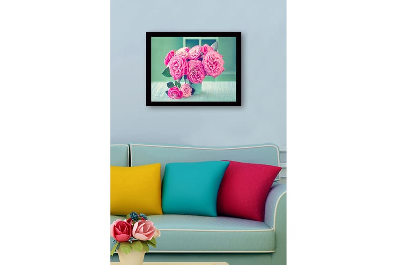 Inramad Canvastavla i trä - 41x56 cm - Färgrik bukett av rosor - Rosa / Grön / Vit - Inredning - Tavlor & posters - Canvastavla