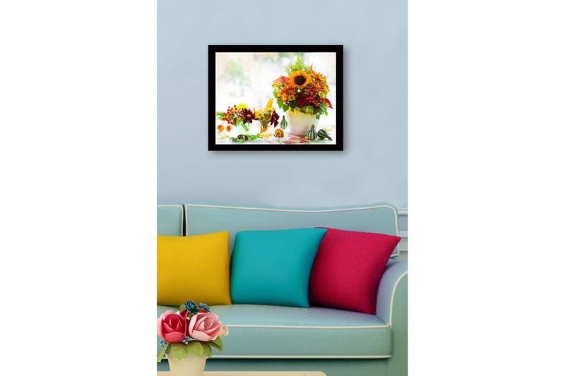 Inramad Canvastavla i trä - 41x56 cm - Färgrik bukett av solrosor och höstblommor - Gul / Röd / Grön - Inredning - Tavlor & posters - Canvastavla