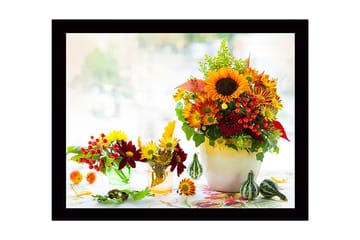 Inramad Canvastavla i trä - 41x56 cm - Färgrik bukett av solrosor och höstblommor - Gul / Röd / Grön - Inredning - Tavlor & posters - Canvastavla