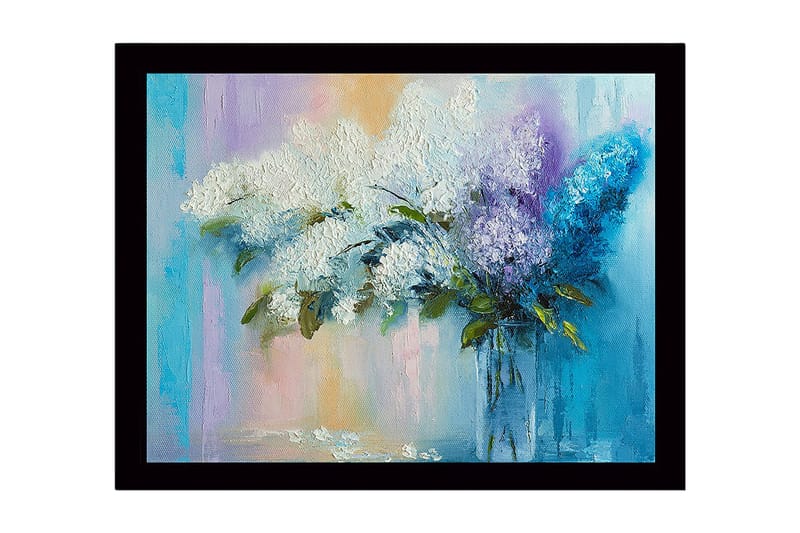 Inramad Canvastavla i trä - 41x56 cm - Färgrik bukett av syrener i en glasvas, Vit / Lila / Turkos