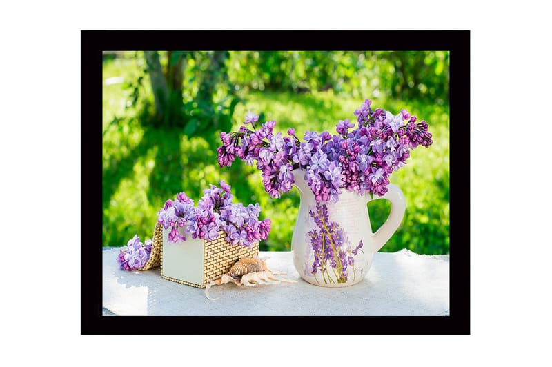Inramad Canvastavla i trä - 41x56 cm - Färgrik bukett av syrener i en kruka, Lila / Grön / Vit