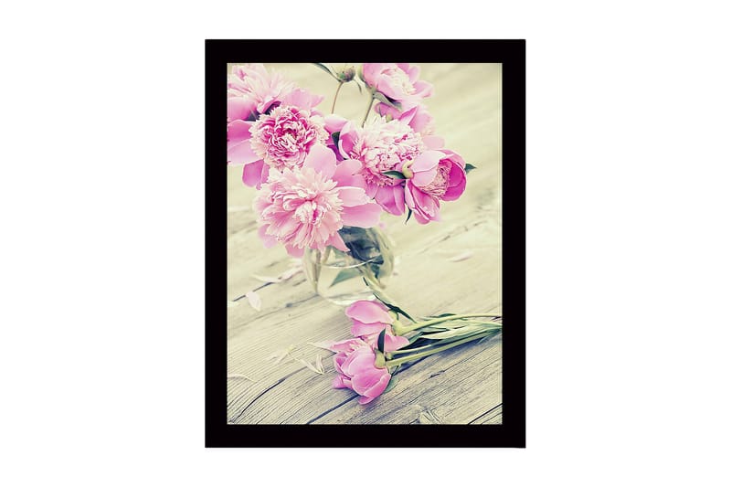 Inramad Canvastavla i trä - 41x56 cm - Färgrik bukett av pioner i en glasvas, Rosa / Grön