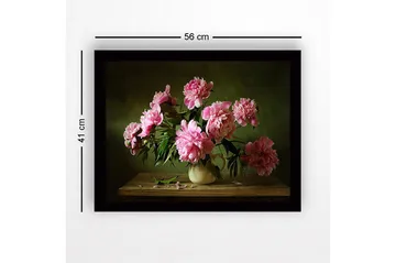 Inramad Canvastavla i trä - 41x56 cm - Färgrik bukett av pioner i en keramikvas - Rosa / Grön / Beige - Inredning - Tavlor & posters - Canvastavla