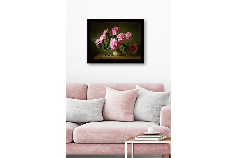 Inramad Canvastavla i trä - 41x56 cm - Färgrik bukett av pioner i en keramikvas - Rosa / Grön / Beige - Inredning - Tavlor & posters - Canvastavla