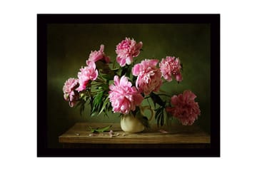 Inramad Canvastavla i trä - 41x56 cm - Färgrik bukett av pioner i en keramikvas - Rosa / Grön / Beige - Inredning - Tavlor & posters - Canvastavla