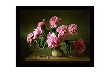 Inramad Canvastavla i trä - 41x56 cm - Färgrik bukett av pioner i en keramikvas - Rosa / Grön / Beige - Inredning - Tavlor & posters - Canvastavla