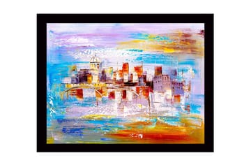 Inramad Canvastavla i trä - 41x56 cm - Färgrik stadsbild med bro och byggnader i silhuett - Blå / Orange / Lila - Inredning - Tavlor & posters - Canvastavla