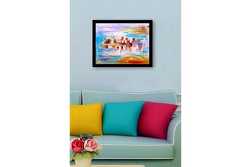 Inramad Canvastavla i trä - 41x56 cm - Färgrik stadsbild med bro och byggnader i silhuett - Blå / Orange / Lila - Inredning - Tavlor & posters - Canvastavla