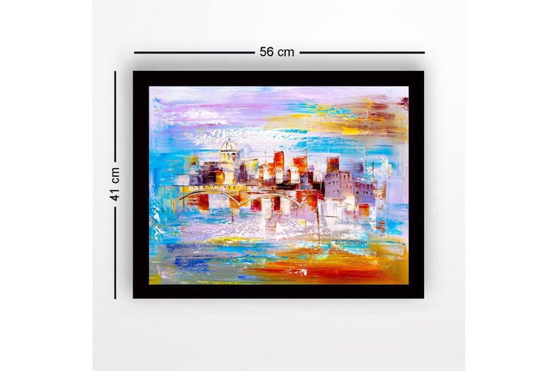 Inramad Canvastavla i trä - 41x56 cm - Färgrik stadsbild med bro och byggnader i silhuett - Blå / Orange / Lila - Inredning - Tavlor & posters - Canvastavla