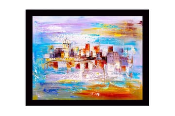 Inramad Canvastavla i trä - 41x56 cm - Färgrik stadsbild med bro och byggnader i silhuett - Blå / Orange / Lila - Inredning - Tavlor & posters - Canvastavla