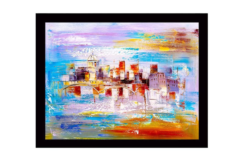 Inramad Canvastavla i trä - 41x56 cm - Färgrik stadsbild med bro och byggnader i silhuett, Blå / Orange / Lila