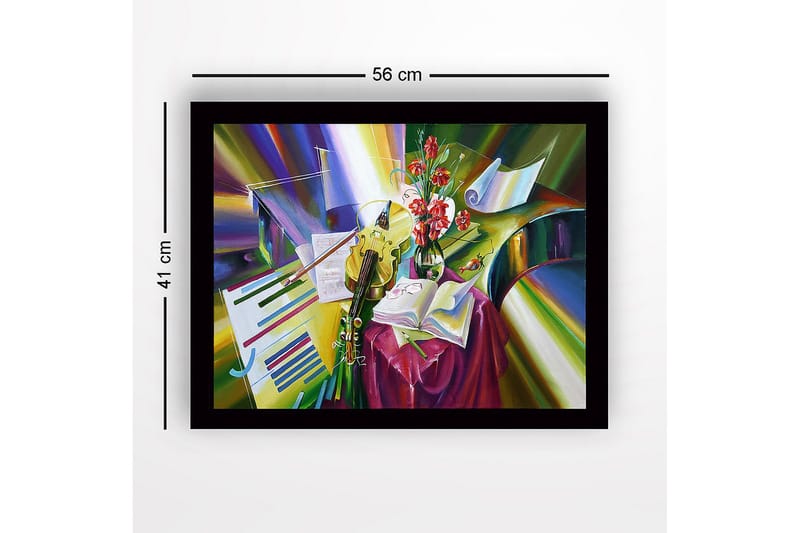 Inramad Canvastavla i trä - 41x56 cm - Färgrik stillhet med instrument och blommor - Grön / Röd / Gul - Inredning - Tavlor & posters - Canvastavla