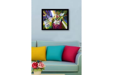 Inramad Canvastavla i trä - 41x56 cm - Färgrik stillhet med instrument och blommor - Grön / Röd / Gul - Inredning - Tavlor & posters - Canvastavla