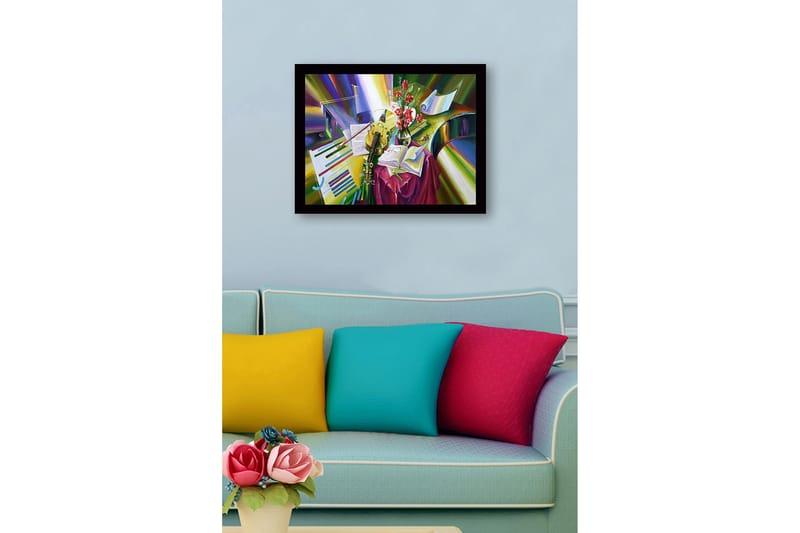 Inramad Canvastavla i trä - 41x56 cm - Färgrik stillhet med instrument och blommor - Grön / Röd / Gul - Inredning - Tavlor & posters - Canvastavla