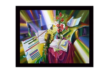 Inramad Canvastavla i trä - 41x56 cm - Färgrik stillhet med instrument och blommor - Grön / Röd / Gul - Inredning - Tavlor & posters - Canvastavla