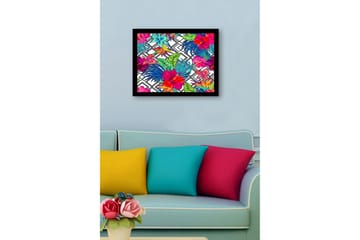 Inramad Canvastavla i trä - 41x56 cm - Färgrik tropisk blomsterdesign med hibiskusar och bladverk - Röd / Grön / Blå - Inredning - Tavlor & posters - Canvastavla