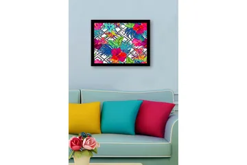 Inramad Canvastavla i trä - 41x56 cm - Färgrik tropisk blomsterdesign med hibiskusar och bladverk - Röd / Grön / Blå - Inredning - Tavlor & posters - Canvastavla