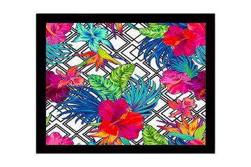 Inramad Canvastavla i trä - 41x56 cm - Färgrik tropisk blomsterdesign med hibiskusar och bladverk - Röd / Grön / Blå - Inredning - Tavlor & posters - Canvastavla