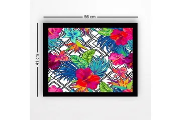 Inramad Canvastavla i trä - 41x56 cm - Färgrik tropisk blomsterdesign med hibiskusar och bladverk - Röd / Grön / Blå - Inredning - Tavlor & posters - Canvastavla